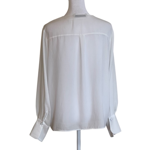 Zara Basic White Semi-Sheer Blouse Sz L Black Detail Ruffles Long Sleeves V Neck - Picture 8 of 12